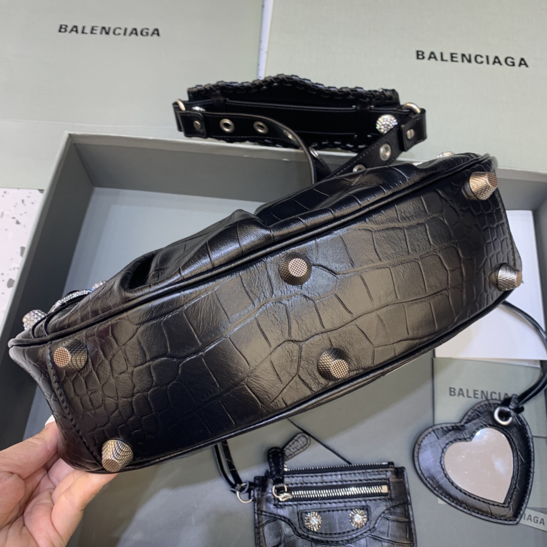 Balenciaga Le Cagole Small Shoulder Bag Crocodile Embossed Rhinestones Black